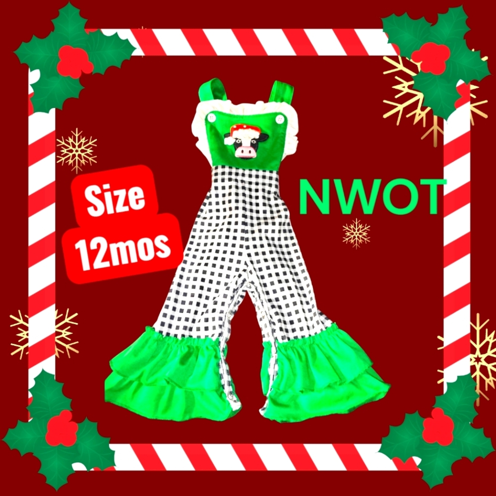 NWOT Honeydew USA Green and Black #Christmas Cow Kids Jumpsuit 12mos